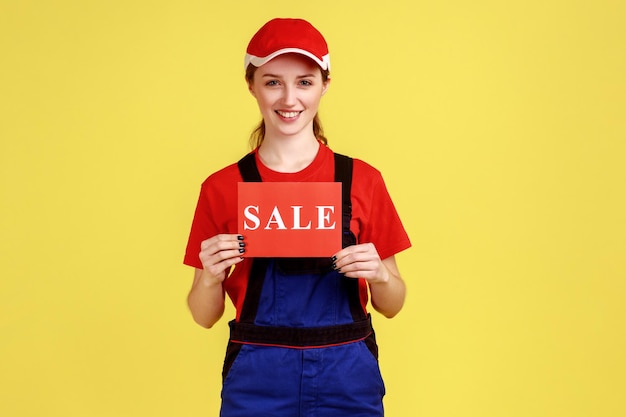 Portret pozytywnej atrakcyjnej poręcznej kobiety stojącej i trzymającej kartę ze zniżkami na sprzedaż napisem dla usługi w kombinezonie i czerwonej czapce Kryty strzał studio na białym tle na żółtym tle