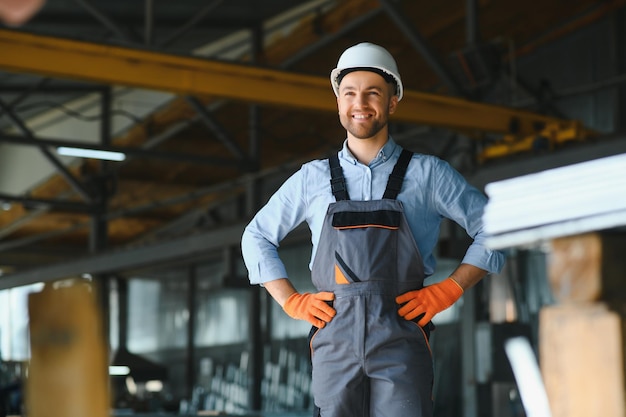 Portret pracownika fabryki w mundurze ochronnym i kasku stojącym przy maszynie przemysłowej na linii produkcyjnej Osoby pracujące w przemyśle