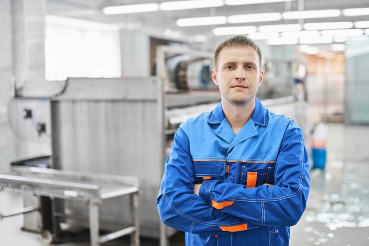 Zdjęcie portret pracownika pralni na tle pralni chemicznej