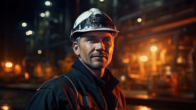 Portret pracownika rafinerii ropy naftowej lub platformy naftowej w nocy