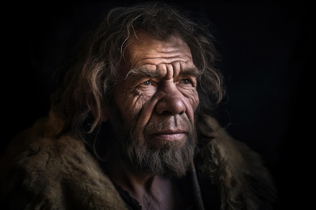 Portret prehistorycznego człowieka na ciemnym tle Generative AI