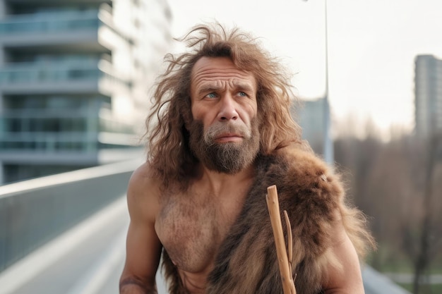 Portret prehistorycznego człowieka na ulicy miasta w teraźniejszości Generative AI