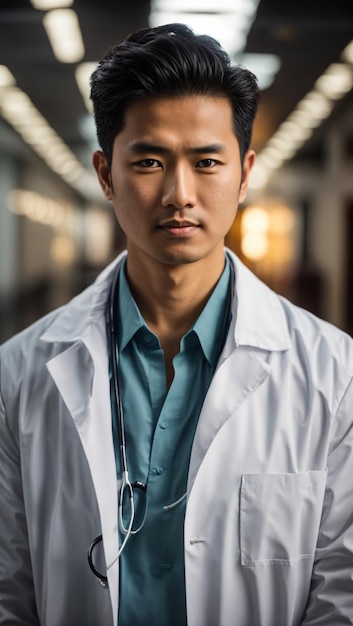 Portret profesjonalnego azjatyckiego lekarza w kombinezonie operacyjnym z chirurgiczną maską twarzy i stetoskopem
