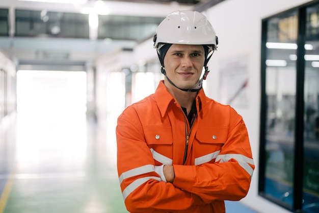 Portret profesjonalnego inżyniera technika uśmiechającego się i patrzącego w kamerę z ręką skrzyżowaną