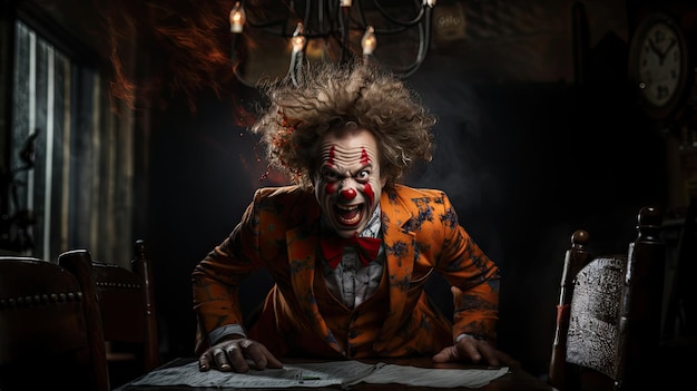 Portret przerażającego klauna siedzącego przy stole w ciemnym pokoju