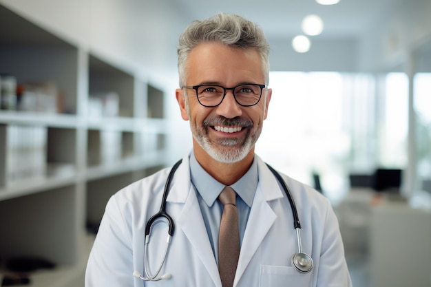 Portret przyjaznego europejskiego lekarza w odzieży roboczej ze stetoskopem na szyi pozuje we wnętrzu kliniki patrząc i uśmiechając się do kamery