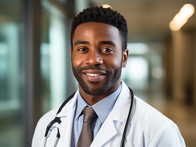 Portret przyjaznego lekarza płci męskiej w odzieży roboczej ze stetoskopem na szyi