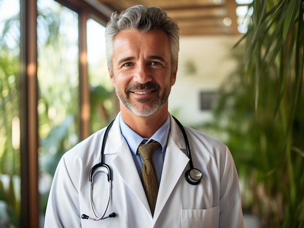 Portret przyjaznego lekarza w odzieży roboczej ze stetoskopem na szyi