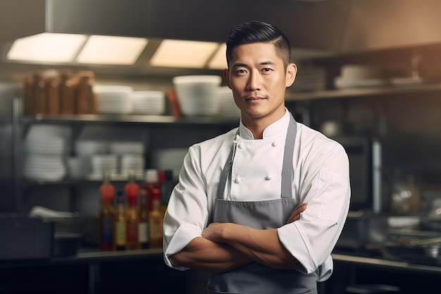 Portret przystojnego azjatyckiego szefa kuchni w kuchni