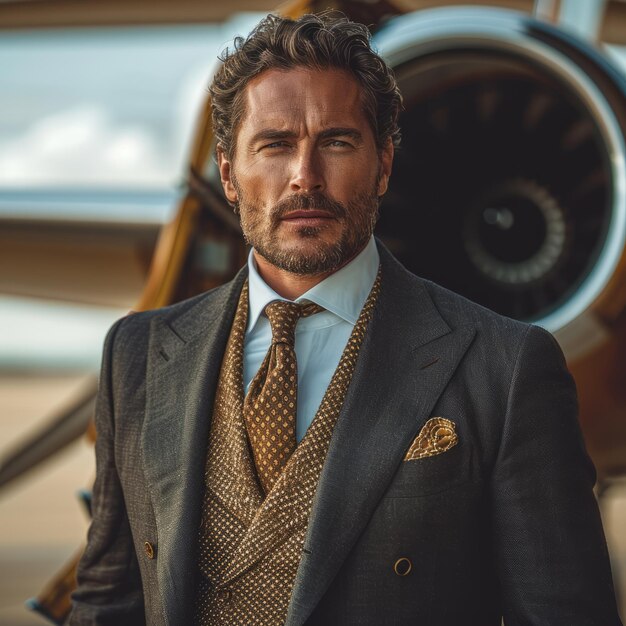 Portret przystojnego dojrzałego biznesmena stojącego przed prywatnym samolotem Biznesmen w garniturze biznesowym stojący obok samolotu i samolotu