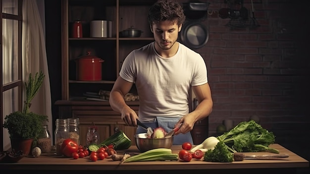 Portret przystojnego mężczyzny krojenia warzyw Młody mężczyzna przygotowuje sałatkę