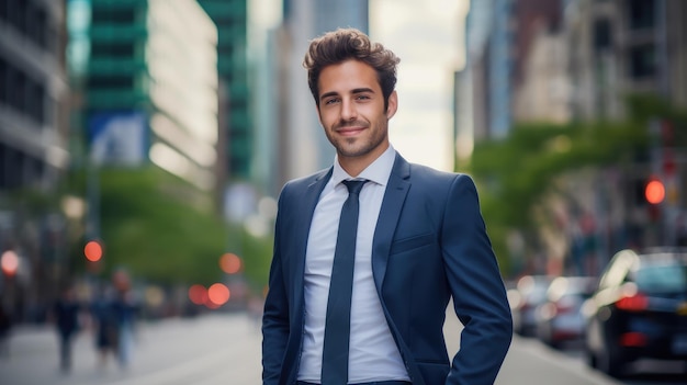 Portret przystojnego młodego biznesmena stojącego przed budynkiem biurowym Generatywna sztuczna inteligencja