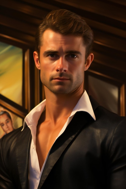 Portret przystojnego młodego mężczyzny w czarnej kurtce Męska moda piękna
