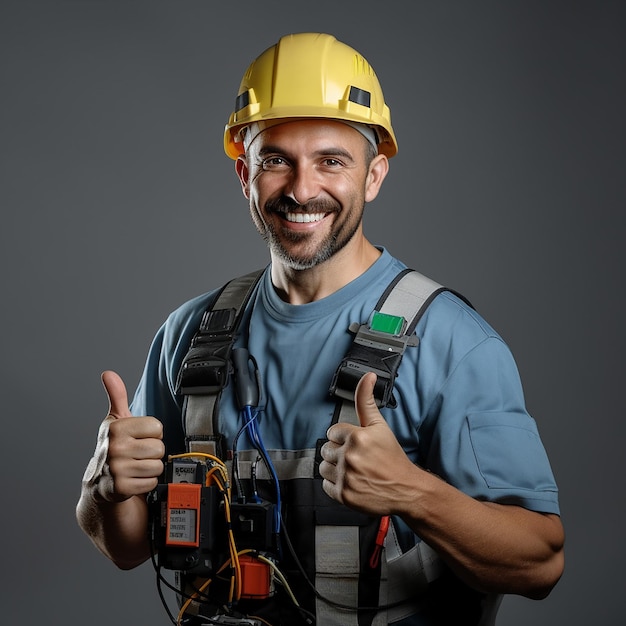 Portret przystojnego, radosnego elektryka w Hardhat