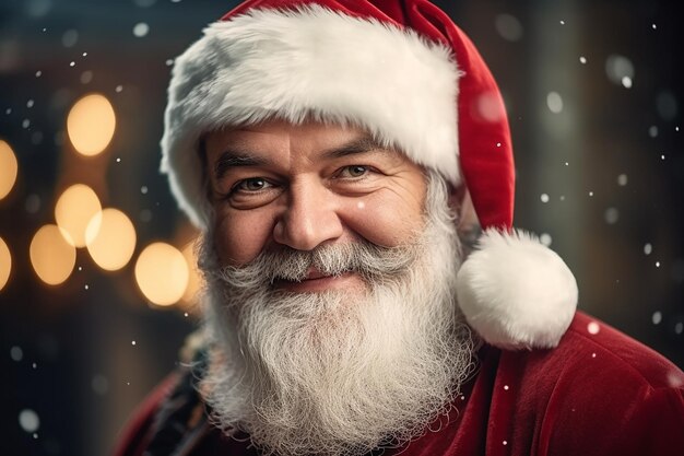 Portret przystojniaka uśmiechniętego w ubraniu Świętego Mikołaja