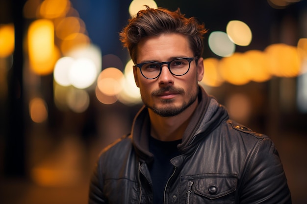 Portret przystojniaka z okularami w mieście w nocy