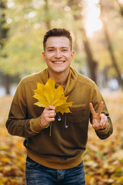 Portret przystojny facet, uśmiechając się i trzymając bukiet jesiennych liści w parku