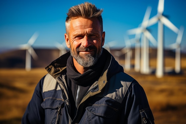 Portret przystojny mężczyzna na polu turbin wiatrowych Pracownik inżynierii przeciwko turbinie wiatrowej Generative AI