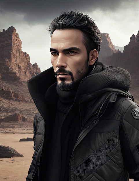 Portret przystojny mężczyzna w skalnej pustyni Mężczyzn uroda moda