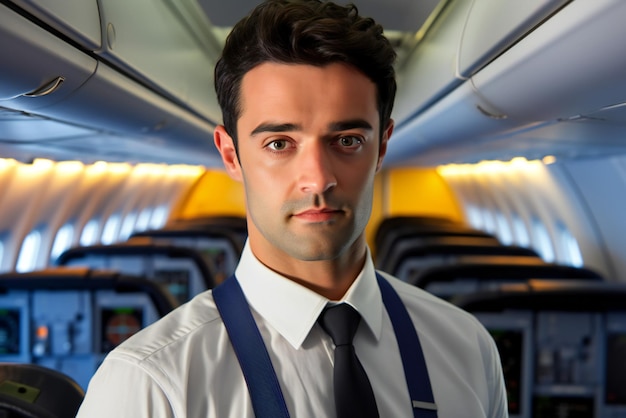 Portret przystojny młody biznesmen w samolocie Koncepcja podróży służbowych