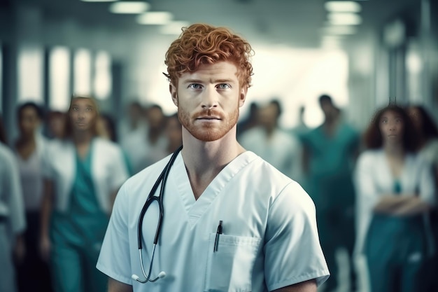Portret przystojnych mężczyzn, lekarzy pracujących w panoramie nowoczesnego szpitala, Generatywna AI
