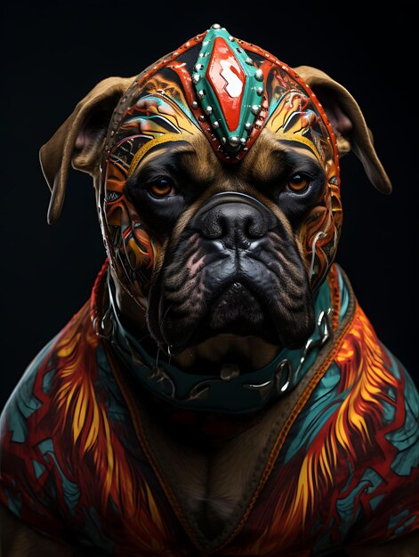 Portret psa Bullmastiff w tradycyjnej meksykańskiej masce zapaśnika Świętowy Meksyk Tradycyjny