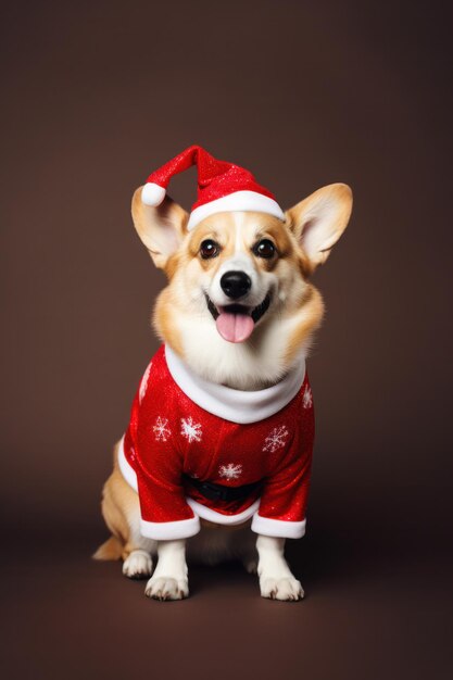 Zdjęcie portret psa corgi w świątecznym stroju szczęśliwy pies w kapeluszu świętego mikołaja