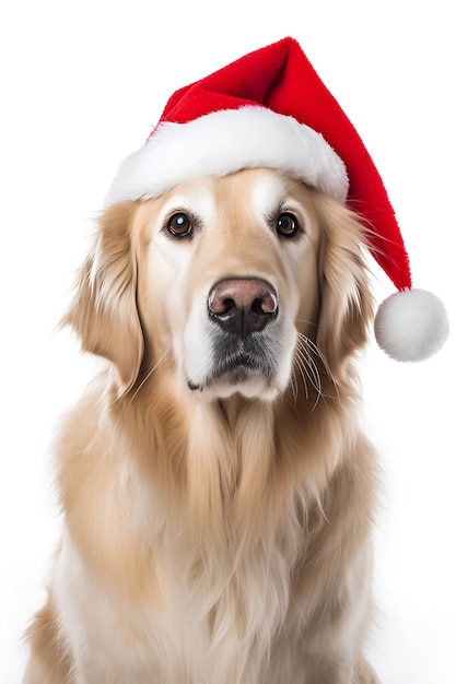 Portret psa golden retriever w czerwonym kapeluszu Świętego Mikołaja Cristmas na białym tle