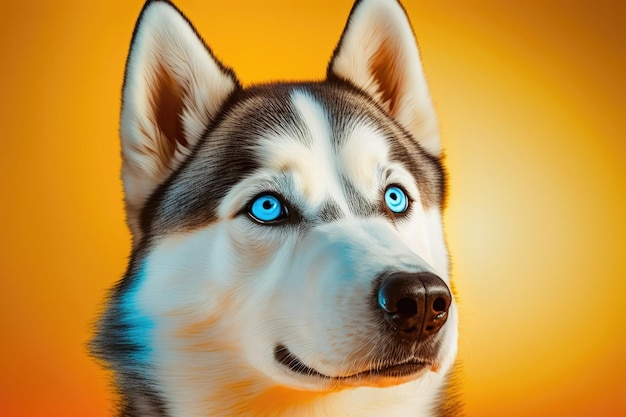 Portret psa Husky jego duże niebieskie oczy ustawione na słonecznym żółtym tle Hipoteza szoku