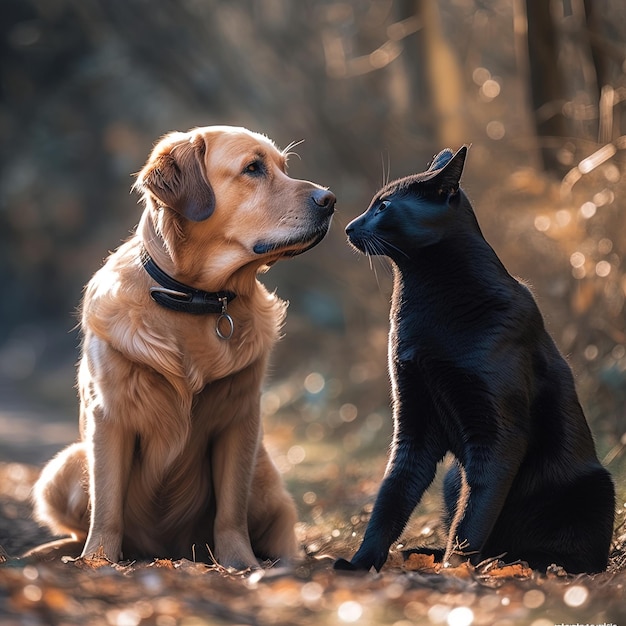 Portret psa i kota Pies i kot patrzą na siebie z miłością i czułością w ciepłym, naturalnym otoczeniu Obraz generatywny Ai