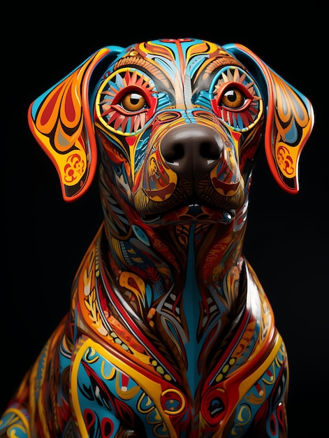 Portret psa Labrador Retriever ubrany jako żywy Alebrije z tradycyjnym meksykańskim ko festiwalnym