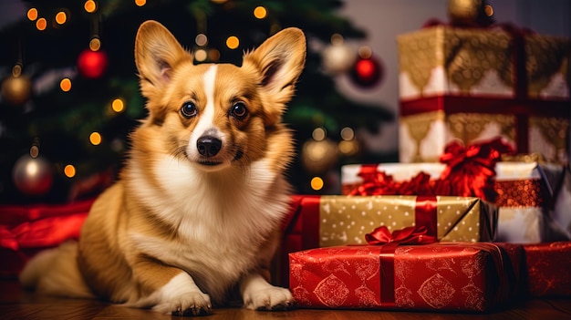 Portret psa patrzącego na prezenty pod choinką