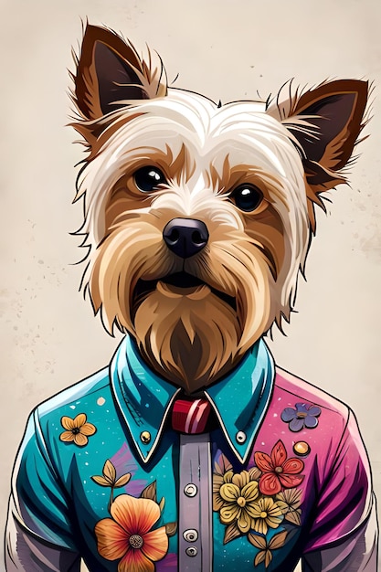 Portret psa przedstawiający psa w kwiecistej koszuli.