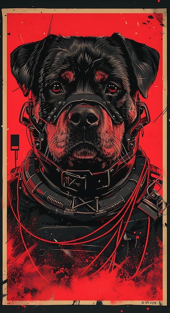 Portret psa Rottweilera z cybernetycznym pyskiem i bionicznymi kończynami Wea Cyber Poster Banner Flyer