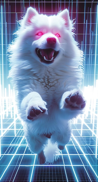 Portret psa samojeda z metalowym egzoszkieletem, świecącymi oczami i plakatem J Cyber