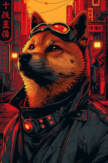 Portret psa Shiba Inu z futurystycznym płaszczem z augmentem Cyber Poster Banner Flyer