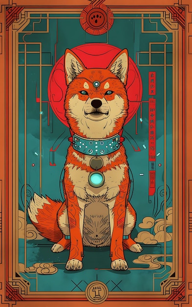 Portret psa Shiba Inu z holograficznym naszyjnikiem z futrem i internetowym plakatem