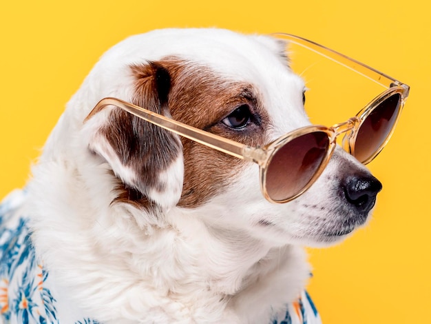 Portret psa w hawajskiej koszuli i okularach przeciwsłonecznych na żółtym tle Koncepcja letnich wakacji podróży