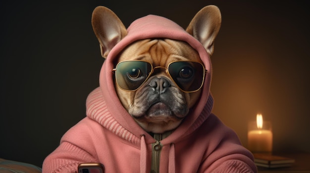 Portret psa w swetrze z telefonem komórkowym w dłoniach