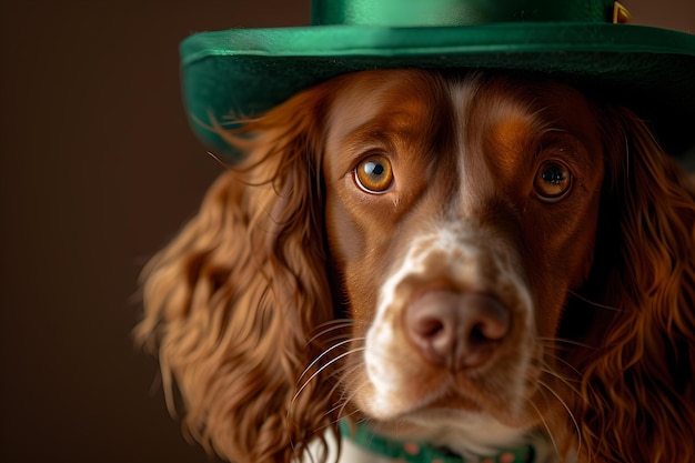 Portret psa w zielonym kapeluszu uchwyca świąteczny nastrój ze stylem i elegancją, idealny do promocji imprez tematycznych.