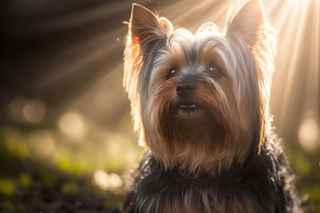 Portret psa Yorkshire terrier w ogrodzie