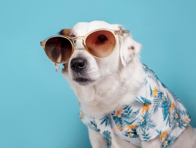 Portret psa z okularami przeciwsłonecznymi i hawajską koszulą na niebieskim tle