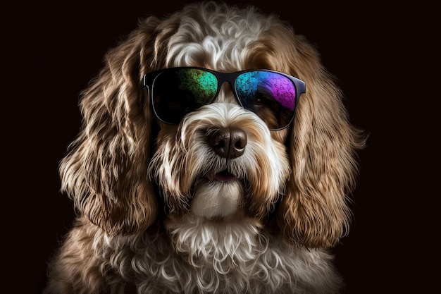 Portret psa z okularami przeciwsłonecznymi na ciemnym tle generatywnej ilustracji ai