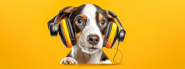 Portret psa ze słuchawkami żółty sztandar wykonany za pomocą Generative AI