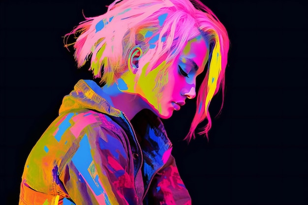 Portret punkerki w kolorowych neonowych światłach w stylu rockowym