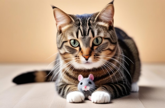 Portret puszystego kota z zabawkową myszą