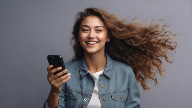 Portret radosnej młodej kobiety trzymającej telefon komórkowy na zwykłym tle