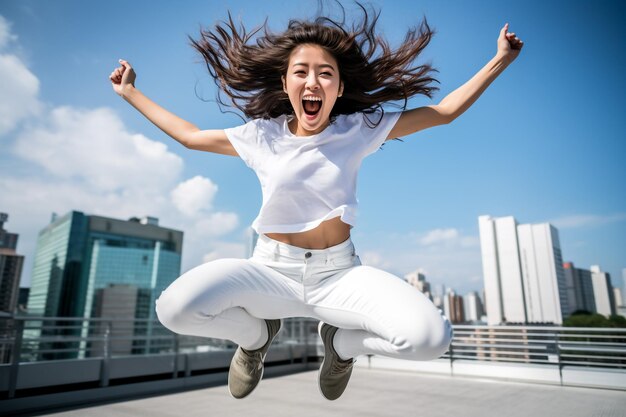 Zdjęcie portret radosnej szczęśliwej dziewczyny ubranej w białą koszulkę świętującą sukces i zwycięstwo odizolowana o