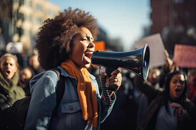 Portret radykalizowanej młodej czarnej kobiety Młoda Afroamerykanka skanduje swoje żądania przez megafon Tłum demonstrantów na tle