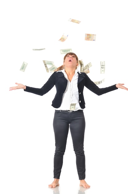 Zdjęcie portret rasy białej kobiety radosny świętuje sukces w deszczu pieniędzy spadających w dolarach